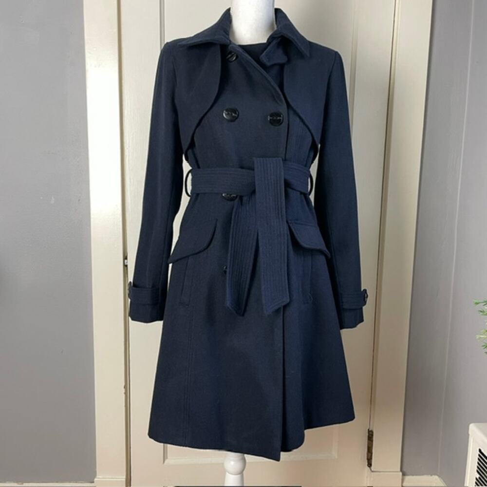 New Look Navy Wool Blend Trench Coat Belted Womens Large Minimalist Classic